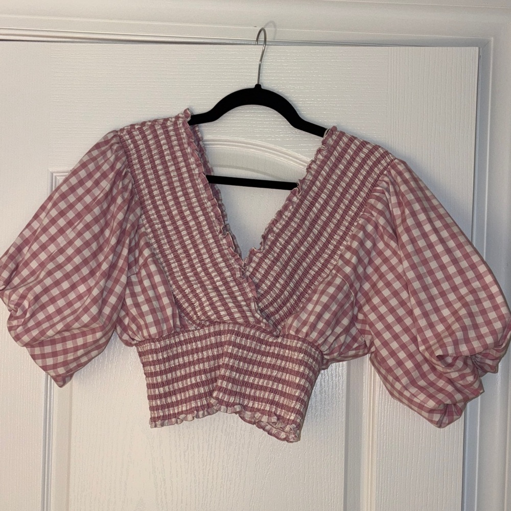 Abercrombie & Fitch Rose Pink Gingham Smocked V-Neck Puff Sleeve Crop Top